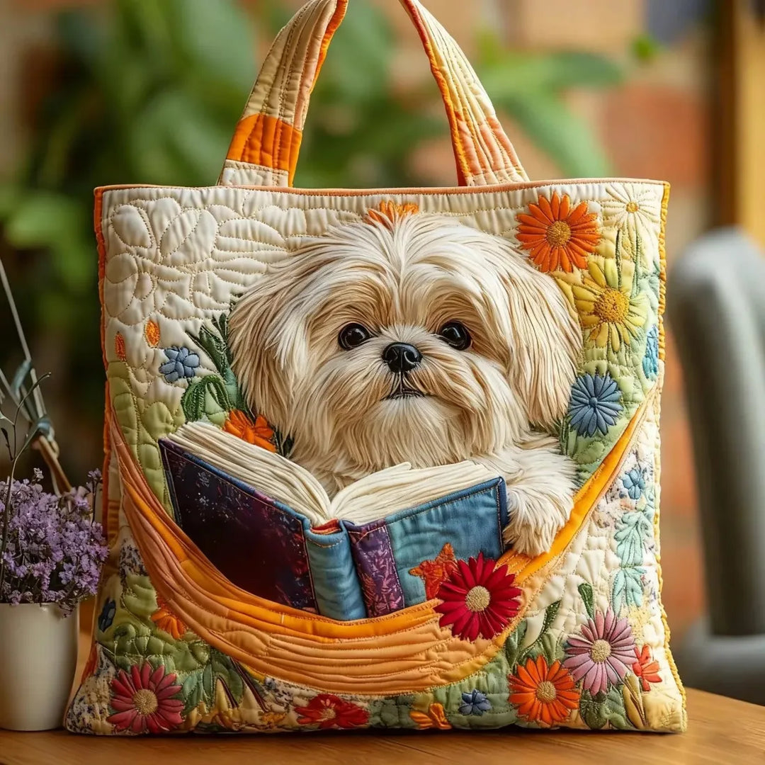 Essi - Shih Tzu kirjojen ja kukkien kanssa topattu ostoskassi