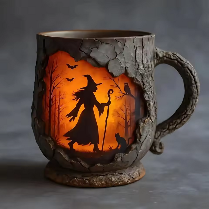 Käsintehty kohokuvioitu Halloween-muki – Noita ja kissa -kuvio