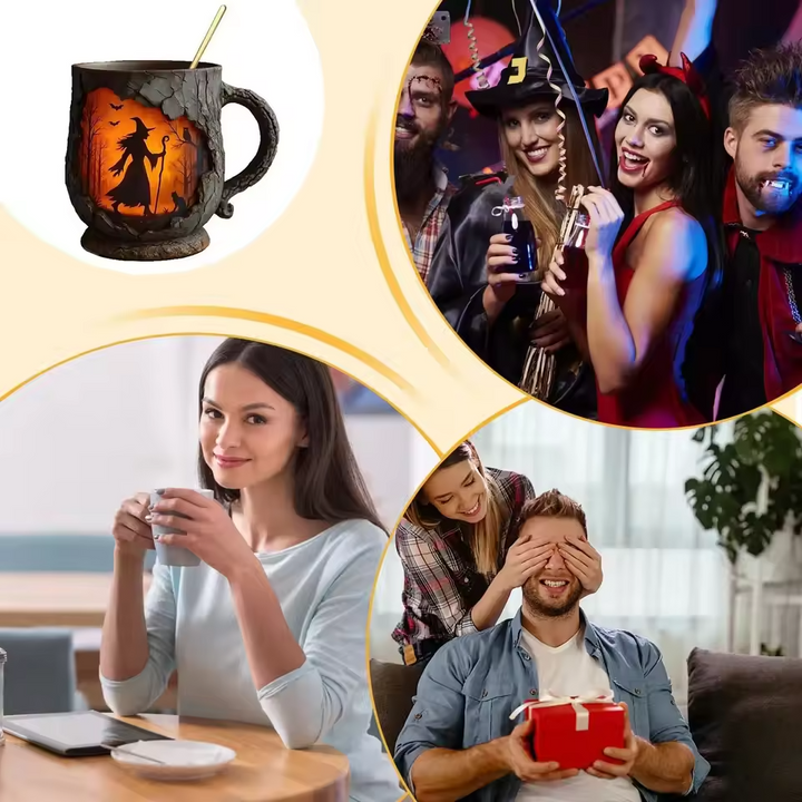 Käsintehty kohokuvioitu Halloween-muki – Noita ja kissa -kuvio