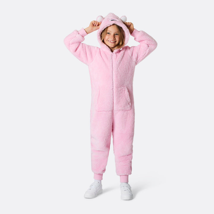 Vaaleanpunainen nalle-onesie lapsille
