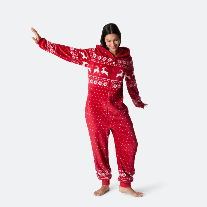 Punainen joulu-onesie naisille