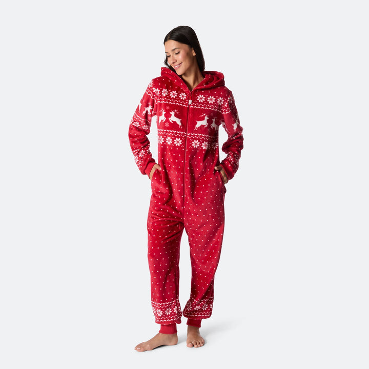 Punainen joulu-onesie naisille