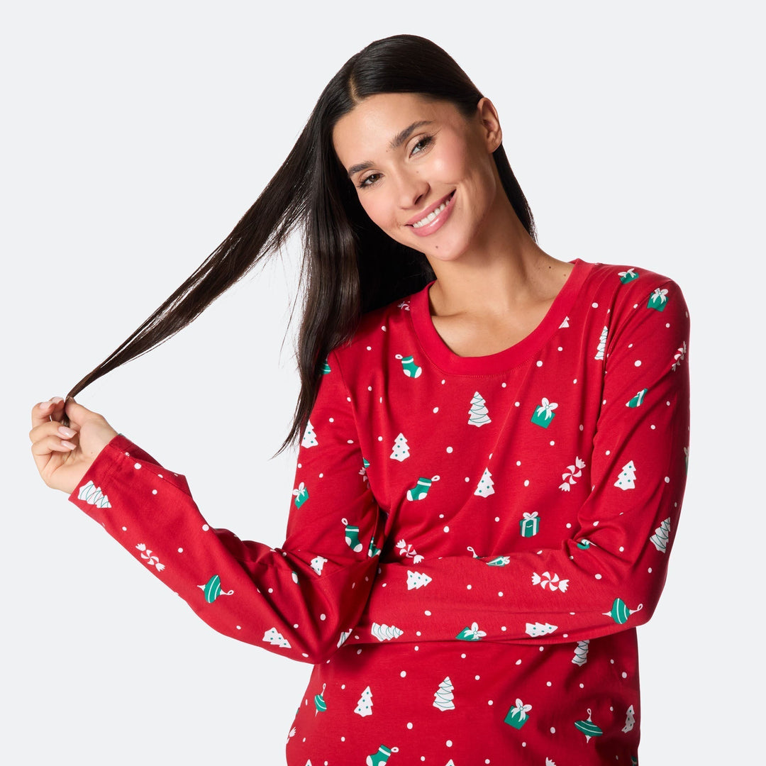 Punainen joulukoriste-joulupyjama naisille