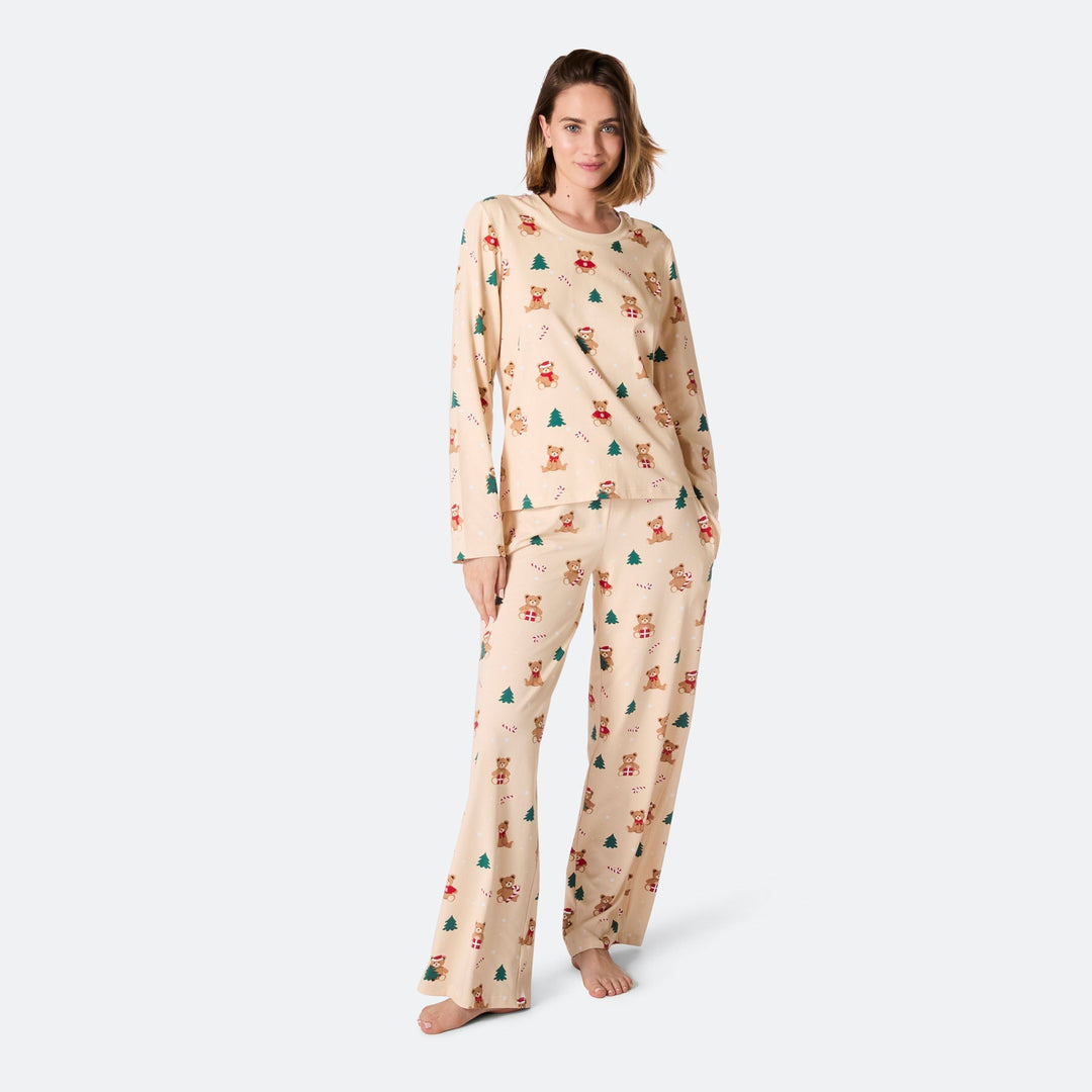 Beige nalle-joulupyjama naisille