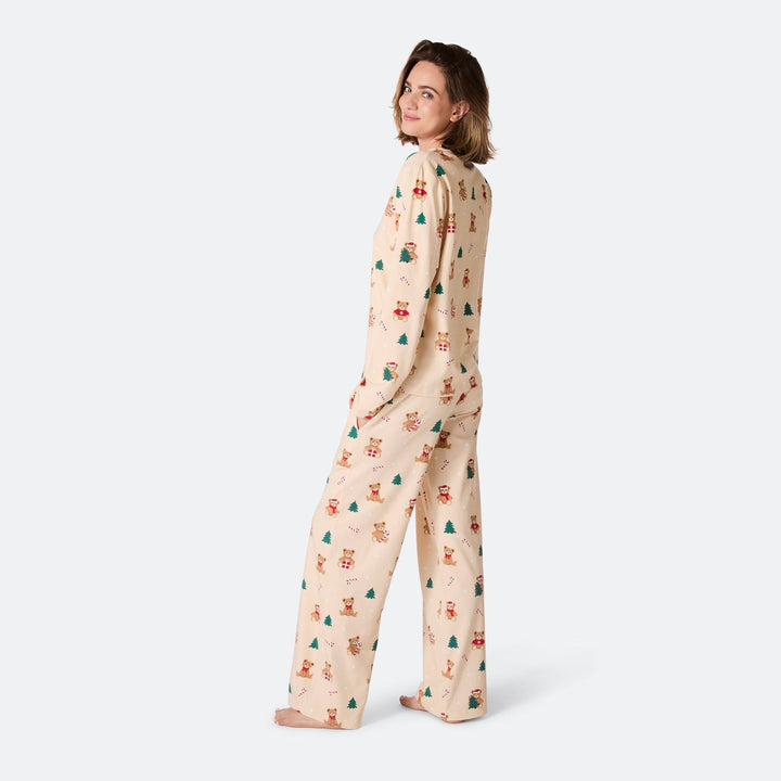 Beige nalle-joulupyjama naisille