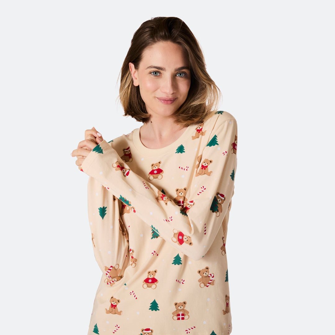 Beige nalle-joulupyjama naisille