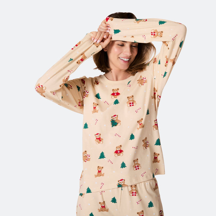 Beige nalle-joulupyjama naisille