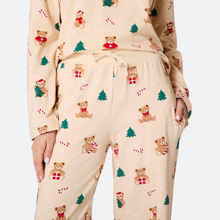 Beige nalle-joulupyjama naisille
