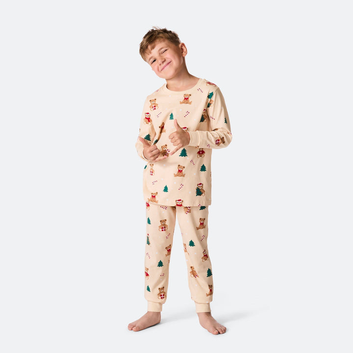 Beige nalle-joulupyjama lapsille