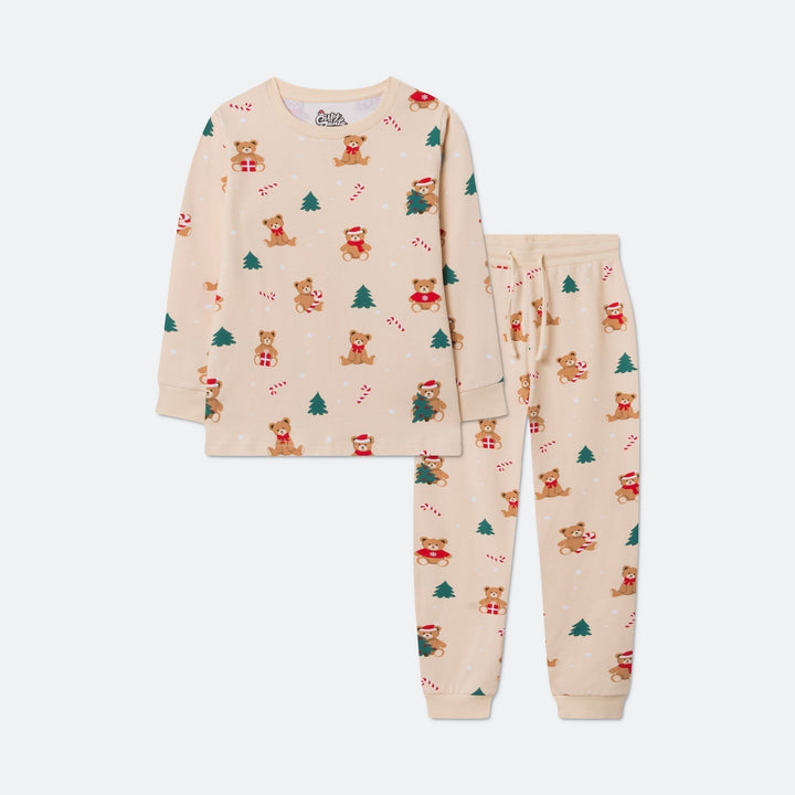 Beige nalle-joulupyjama lapsille