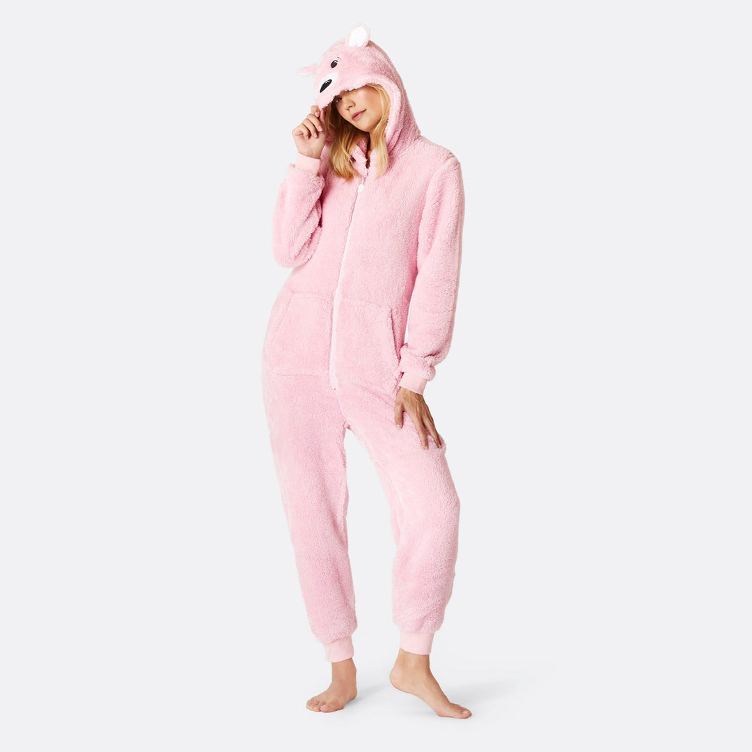 Vaaleanpunainen nalle-onesie naisille