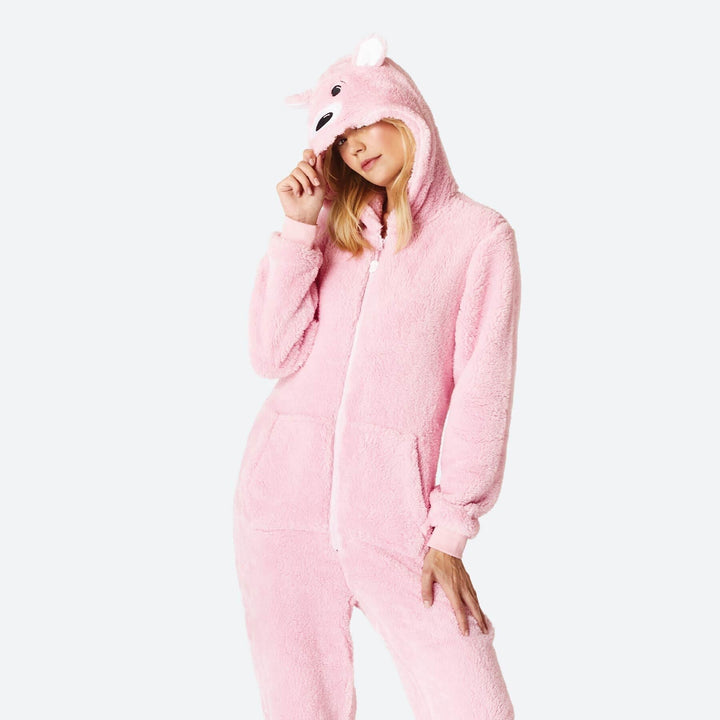 Vaaleanpunainen nalle-onesie naisille